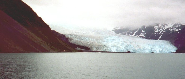 A tidewater glacier melts into the fiord.